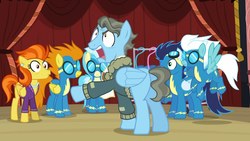 Size: 1280x720 | Tagged: safe, screencap, blaze, fleetfoot, misty fly, soarin', stormy flare, wind rider, pegasus, pony, g4, rarity investigates, angry, annoyed, furious, irate, shocked, wonderbolts
