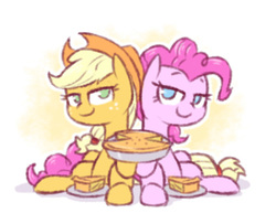 Size: 508x413 | Tagged: source needed, safe, artist:raridashdoodles, applejack, pinkie pie, earth pony, pony, g4, apple, apple pie, bedroom eyes, cowboy hat, female, food, hat, hoof hold, lesbian, looking at you, mare, pie, plate, pun, ship:applepie, shipping, sitting, smiling