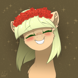 Size: 3500x3500 | Tagged: safe, artist:airfly-pony, derpibooru exclusive, oc, oc only, earth pony, pony, rcf community, abstract background, blushing, bust, cheek fluff, cute, ear fluff, eyes closed, female, floral head wreath, flower, flower in hair, fluffy, freckles, grin, happy, high res, mare, not applejack, ocbetes, portrait, shoulder fluff, smiling, solo, sparkles, squee, stars, teeth