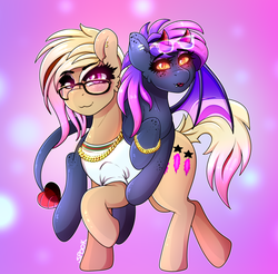 Size: 2401x2363 | Tagged: safe, artist:aaa-its-spook, oc, oc:cam, oc:spook, demon pony, earth pony, pony, accessory, cool, devil tail, female, friendship, glasses, high res, horns