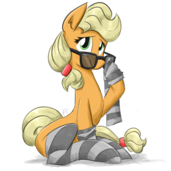 Size: 1200x1200 | Tagged: safe, artist:flutterthrash, applejack, earth pony, pony, g4, adorkable, clothes, cute, dork, female, glasses, hoof hold, jackabetes, lidded eyes, looking at you, mare, simple background, sitting, smiling, socks, solo, stockings, striped socks, sunglasses, thigh highs, white background