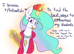 Size: 1500x1100 | Tagged: safe, alternate version, artist:heir-of-rick, princess celestia, alicorn, pony, g4, 30 rock, :p, backwards ballcap, baseball cap, cap, clothes, cute, dialogue, female, hat, hoodie, how do you do fellow kids, looking at you, magic, mare, no pupils, reddit, shirt, silly, simple background, skateboard, solo, tongue out, white background