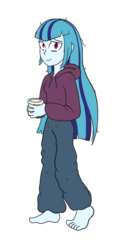 Size: 475x957 | Tagged: safe, artist:scraggleman, sonata dusk, equestria girls, g4, my little pony equestria girls: rainbow rocks, alternate hairstyle, bags under eyes, barefoot, clothes, feet, female, food, hoodie, neet, noodles, pants, ramen, simple background, solo, sweatpants, transparent background