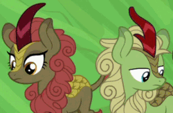 Size: 480x315 | Tagged: safe, screencap, forest fall, maple brown, kirin, g4, sounds of silence, animated, background kirin, cropped, duo, female, gif, looking at each other, male, shipping fuel
