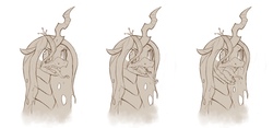Size: 3738x1749 | Tagged: safe, artist:terrafomer, queen chrysalis, changeling, changeling queen, g4, crown, fangs, female, floppy ears, horn, jewelry, monochrome, open mouth, regalia, simple background, sketch, solo, tongue out