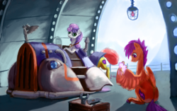 Size: 4075x2560 | Tagged: safe, artist:ponsce, artist:terrafomer, apple bloom, scootaloo, sweetie belle, earth pony, pegasus, pony, unicorn, g4, alternate cutie mark, car, cutie mark, cutie mark crusaders, dieselpunk, female, filly, goggles, hangar, horn, spread wings, toolbox, tools, trio, vehicle, wings