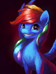Size: 2560x3352 | Tagged: safe, artist:terrafomer, rainbow dash, pegasus, pony, g4, bust, dark background, female, grin, high res, portrait, smiling, solo, spread wings, wings