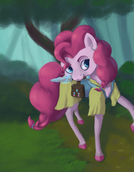 Size: 2560x3300 | Tagged: safe, artist:terrafomer, pinkie pie, earth pony, pony, g4, :3, bard, bard pie, bow, clothes, cutie mark, dagger, fantasy class, female, forest, hair bow, high res, magic, magic weapon, saddle bag, solo, weapon