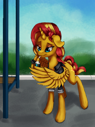 Size: 2560x3404 | Tagged: safe, artist:terrafomer, sunset shimmer, alicorn, pony, equestria girls, g4, alicornified, bench, cigarette, clothes, cutie mark, female, high res, horn, lighter, race swap, shimmercorn, smoking, solo, wing hands, wing hold, wings