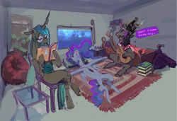 Size: 3608x2469 | Tagged: safe, artist:alumx, king sombra, princess luna, queen chrysalis, alicorn, changeling, changeling queen, pony, unicorn, g4, anyways here's wonderwall, bed, book, dork, dorkalis, dormitory, eyes closed, female, glassalys, glasses, guitar, high res, lying down, male, mare, nerd, oasis (band), patreon sketch, reading, singing, sitting, stallion, wonderwall