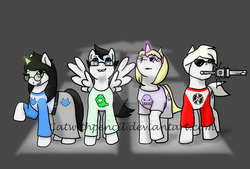 Size: 1024x693 | Tagged: safe, artist:catwithpencil, earth pony, pegasus, pony, unicorn, bucktooth, clothes, crossover, dave strider, deviantart watermark, eyebrows, eyelashes, female, glasses, glowing horn, homestuck, horn, jade harley, john egbert, looking at you, looking up, male, mare, obtrusive watermark, ponified, raised hoof, rose lalonde, shirt, signature, skirt, smiling, spread wings, stallion, sunglasses, sword, watermark, weapon, wings