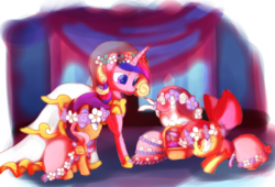 Size: 1701x1157 | Tagged: safe, artist:andromedasparkz, apple bloom, princess cadance, queen chrysalis, scootaloo, sweetie belle, alicorn, earth pony, pegasus, pony, unicorn, a canterlot wedding, g4, basket, bride, clothes, cutie mark crusaders, disguise, disguised changedling, disguised changeling, dress, female, filly, floral head wreath, flower, flower filly, flower girl, flower girl dress, gown, marriage, mouth hold, smiling, wedding, wedding dress, wedding veil