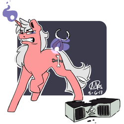 Size: 1750x1750 | Tagged: safe, artist:mkclaassicarts, derpibooru exclusive, oc, oc only, oc:archi documentum, pony, unicorn, angry, broken, colored, computer, cutie mark, digital art, magic, male, pliers, repairing, simple background, solo, stallion, tools
