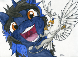 Size: 1698x1234 | Tagged: safe, artist:jenkiwi, oc, oc only, oc:der, oc:floofy, griffon, pony, unicorn, duo, floss, flossing, male, micro, open mouth, spread wings, teeth, traditional art, wings