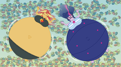 Size: 3600x2000 | Tagged: safe, alternate version, artist:heavyhitterconnor, artist:mintydrop2013, sci-twi, sunset shimmer, twilight sparkle, equestria girls, g4, my little pony equestria girls: better together, belly, belly button, belly expansion, big breasts, breast expansion, breasts, clothes, cute, eyes closed, floating, glasses, growth, high res, huge belly, huge breasts, impossibly large belly, inflation, lake, large belly, outie belly button, relaxed, rock, round, shimmerbetes, smiling, stone, swimsuit, twiabetes, water