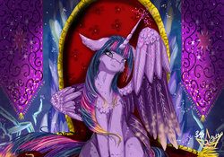 Size: 2927x2049 | Tagged: safe, artist:martazap3, twilight sparkle, alicorn, pony, g4, banner, cheek fluff, chest fluff, cutie mark, female, floppy ears, high res, horn, magic, mare, signature, sitting, solo, tapestry, throne, twilight sparkle (alicorn), two toned wings, wings