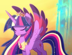 Size: 910x691 | Tagged: safe, artist:light262, artist:lummh, twilight sparkle, alicorn, pony, comic:timey wimey, g4, colored wings, comic, cropped, crown, element of magic, ethereal mane, eyes closed, female, jewelry, multicolored wings, necklace, older, older twilight, rainbow power, regalia, solo, spread wings, twilight sparkle (alicorn), ultimate twilight, wings