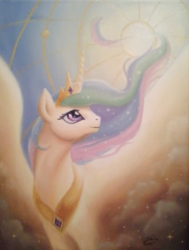 Size: 430x568 | Tagged: safe, artist:cynthia conner, artist:dracontiar, edit, princess celestia, alicorn, pony, g4, better source needed, cloud, cropped, ethereal mane, female, jewelry, looking up, majestic, mare, regalia, smiling, solo, spread wings, starry mane, sun, traditional art, windswept mane, wings