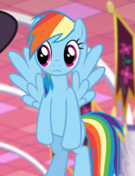 Size: 652x850 | Tagged: safe, screencap, rainbow dash, pegasus, pony, g4, rarity investigates, cropped, female, flying, mare, offscreen character, solo focus, spread wings, wings