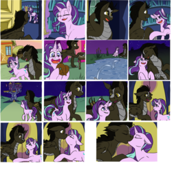 Size: 1500x1500 | Tagged: safe, artist:longshotswiftshadow, edit, starlight glimmer, oc, oc:draco k-night blaze, dracony, hybrid, pony, unicorn, g4, canon x oc, comic, cutie mark, date, drool, ear tufts, eating, eye contact, female, floppy ears, frown, holding hooves, kiss on the lips, kissing, lidded eyes, looking at each other, love, male, mare, open mouth, pond, shipping, smiling, starlaco, straight, surprise kiss, wing fluff