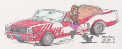 Size: 3090x1249 | Tagged: safe, artist:edhelistar, derpibooru exclusive, sunset shimmer, human, fanfic:continuity saga, equestria girls, g4, my little pony equestria girls: better together, boots, car, clothes, collar, convertible, crossover, fanfic art, ford mustang, geode of empathy, high heel boots, human coloration, humanized, jacket, kanji, leather, leather jacket, looking at you, magical geodes, miniskirt, override, pun, reclining, shoes, signature, simple background, skirt, species swap, spiked collar, tengwar, traditional art, transformers, visual pun, white background