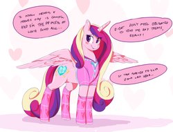 Size: 2274x1735 | Tagged: safe, artist:sirmasterdufel, princess cadance, alicorn, pony, series:cadance hearts & hooves drive, abstract background, blushing, clothes, cute, cutedance, female, heart, hearts and hooves day, holiday, imminent weight gain, incentive drive, mare, note expansion, socks, solo, this will end in weight gain, valentine's day, weight gain sequence