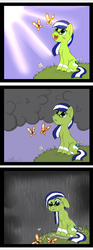 Size: 1000x2701 | Tagged: safe, artist:zobaloba, oc, oc only, oc:miles bright, butterfly, earth pony, pony, :c, cloud, colored, comic, frown, funny, nature, rain, sketch, solo, troll, ych example, ych result