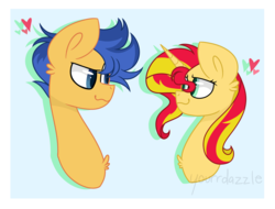 Size: 1280x975 | Tagged: dead source, safe, artist:yourrdazzle, flash sentry, sunset shimmer, equestria girls, g4, abstract background, bust, chest fluff, cute, female, heart, looking at each other, male, portrait, ship:flashimmer, shipping, straight
