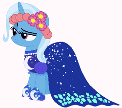 Size: 477x421 | Tagged: safe, artist:glittertiara, artist:selenaede, trixie, pony, unicorn, g4, base used, blue dress, clothes, dress, flower, flower in hair, lidded eyes, shoes, smiling, solo