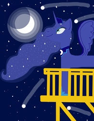 Size: 1487x1918 | Tagged: safe, artist:asiandra dash, princess luna, alicorn, pony, g4, balcony, comet, ethereal mane, eyeshadow, full moon, hoof shoes, jewelry, makeup, moon, necklace, night, shooting stars, smiling, solo, spread wings, starry mane, starry sky, stars, wings