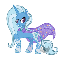Size: 518x508 | Tagged: safe, artist:blinkingpink, trixie, pony, unicorn, g4, cape, clothes, cutie mark, female, g5 concept leak style, grin, horn, leonine tail, raised hoof, simple background, smiling, transparent background, trixie's cape