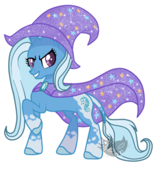 Size: 483x508 | Tagged: safe, artist:blinkingpink, trixie, pony, unicorn, g4, cape, clothes, cutie mark, female, g5 concept leak style, grin, hat, horn, raised hoof, simple background, smiling, transparent background, trixie's cape, trixie's hat