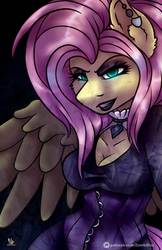 Size: 776x1200 | Tagged: safe, artist:gingerbreadarts, fluttershy, anthro, g4, breasts, cleavage, cloud, ear piercing, earring, female, fluttergoth, goth, gothic, jewelry, necklace, piercing, short hair, smiling, wings