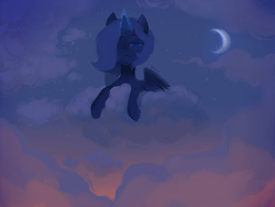 Size: 1032x774 | Tagged: safe, artist:hashiime, princess luna, pony, g4, cloud, female, glowing horn, hair over one eye, horn, signature, sky, solo