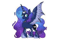 Size: 1024x724 | Tagged: safe, artist:blinkingpink, princess luna, alicorn, bat pony, bat pony alicorn, pony, g4, armband, constellation, constellation hair, cutie mark, ear piercing, earring, ethereal mane, female, g5 concept leak style, hoof shoes, horn, horn ring, hybrid wings, jewelry, piercing, princess luna (g5), regalia, simple background, smiling, solo, spread wings, starry mane, transparent background, unshorn fetlocks, wings