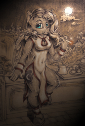 Size: 2844x4231 | Tagged: safe, alternate version, artist:tass_the_bovine, princess luna, anthro, unguligrade anthro, g4, boob window, breasts, busty princess luna, cheongsam, cigarette, cleavage, clothes, female, full moon, looking at you, moon, night, partial color, scenery, sitting, smiling, solo, traditional art, waterfall