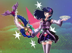 Size: 3156x2336 | Tagged: safe, artist:mauroz, twilight sparkle, human, g4, armpits, breasts, clothes, crossover, disney, female, high res, humanized, keyblade, kingdom hearts, kingdom hearts 3, magic, magic circle, smiling, solo