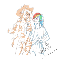 Size: 2300x2300 | Tagged: dead source, safe, artist:闷骚少女初窗, applejack, rainbow dash, human, g4, applejack's hat, blushing, clothes, cowboy hat, duo, female, gloves, hair tie, hat, high res, humanized, lesbian, linked arms, pleated skirt, ship:appledash, shipping, shorts, simple background, skirt, stetson, white background