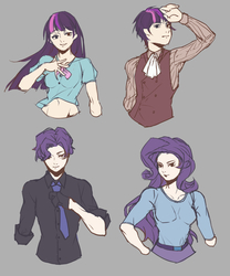 Size: 5000x6000 | Tagged: dead source, safe, artist:闷骚少女初窗, rarity, twilight sparkle, human, g4, absurd resolution, belly button, clothes, cravat, dusk shine, elusive, female, humanized, male, midriff, necktie, rule 63