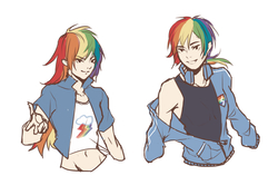 Size: 5000x3500 | Tagged: dead source, safe, artist:闷骚少女初窗, rainbow dash, human, g4, belly button, clothes, female, headphones, humanized, jacket, male, midriff, rainbow blitz, rule 63