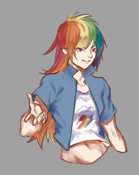 Size: 1600x2025 | Tagged: dead source, safe, artist:闷骚少女初窗, rainbow dash, human, g4, belly button, clothes, female, humanized, jacket, midriff, solo