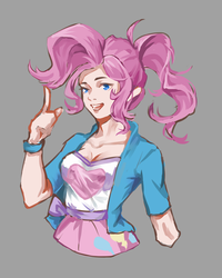 Size: 1600x2000 | Tagged: dead source, safe, artist:闷骚少女初窗, pinkie pie, human, g4, clothes, female, humanized, jacket, shirt, smiling, solo, sweater, wristband