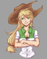Size: 1600x1980 | Tagged: dead source, safe, artist:闷骚少女初窗, applejack, human, g4, applejack's hat, clothes, cowboy hat, crossed arms, female, hair tie, hat, humanized, smiling, solo