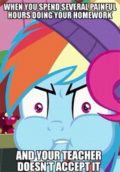 Size: 604x870 | Tagged: safe, edit, edited screencap, screencap, rainbow dash, pony, g4, my little pony best gift ever, triple pony dare ya, angry, caption, cropped, hat, image macro, impact font, meme, puffy cheeks, solo focus, text