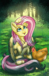 Size: 900x1386 | Tagged: safe, artist:tillie-tmb, fluttershy, bird, chicken, pony, g4, chicks, cute, female, shyabetes, solo