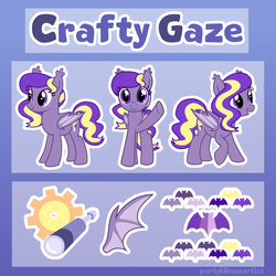 Size: 4000x4000 | Tagged: safe, artist:partypievt, oc, oc only, oc:crafty gaze, bat, bat pony, pony, bat pony oc, c:, cute, cutie mark, ear tufts, female, gear, grin, looking at you, mare, ocbetes, open mouth, raised hoof, reference sheet, smiling, solo, spread wings, spyglass, text, waving, wings