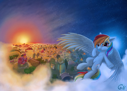 Size: 2100x1500 | Tagged: safe, artist:foxpit, rainbow dash, pegasus, pony, g4, female, flying, mare, moon, ponyville, solo, spread wings, stars, sun, sunrise, sunset, sweet apple acres, wings
