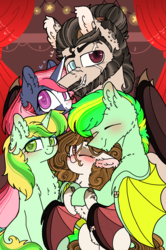 Size: 1822x2744 | Tagged: safe, artist:myfantasy08, derpibooru exclusive, oc, oc only, oc:equino echonnus, oc:lemonade echonnus, oc:lemony echonnus, oc:meggan radiant, oc:stanley echonnus, bat pony, demon, pony, succubus, unicorn, arm fluff, bat wings, beautiful mane, belly fluff, blushing, body fluff, broken horns, brother and sister, chest fluff, colored wings, comfy, couples, dad, daughter, demon horns, ear fluff, ear piercing, earring, eyelashes, eyes closed, facial hair, facial scar, family, family photo, fangs, female, femboy, fluffy, freckles, glass eye, heart, heart eyes, hoof fluff, hug from behind, jewelry, king, lemino, looking at camera, looking at someone, looking at you, makeup, male, marriage rings, married, married couple, mom, multicolored body, multicolored mane, multicolored tail, multicolored wings, natural makeup, oc x oc, one eye closed, piercing, ponytail, queen, quintet, red curtain, repaired wings, shipping, sisters, sitting, smiling, smiling at you, son, spread wings, stains, stars, unicorn cow, unicorn horns, wall of tags, wingding eyes, wings