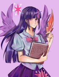 Size: 2508x3307 | Tagged: dead source, safe, artist:西了个大木, twilight sparkle, alicorn, human, g4, alicorn humanization, beautiful, book, bowtie, clothes, female, high res, horn, horned humanization, humanized, looking at you, pleated skirt, quill, skirt, solo, twilight sparkle (alicorn), winged humanization, wings