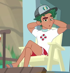 Size: 509x532 | Tagged: safe, screencap, timber spruce, equestria girls, equestria girls series, g4, turf war, arm behind head, cap, clothes, cropped, feet, hat, lifeguard, lifeguard timber, male, male feet, sandals, shorts